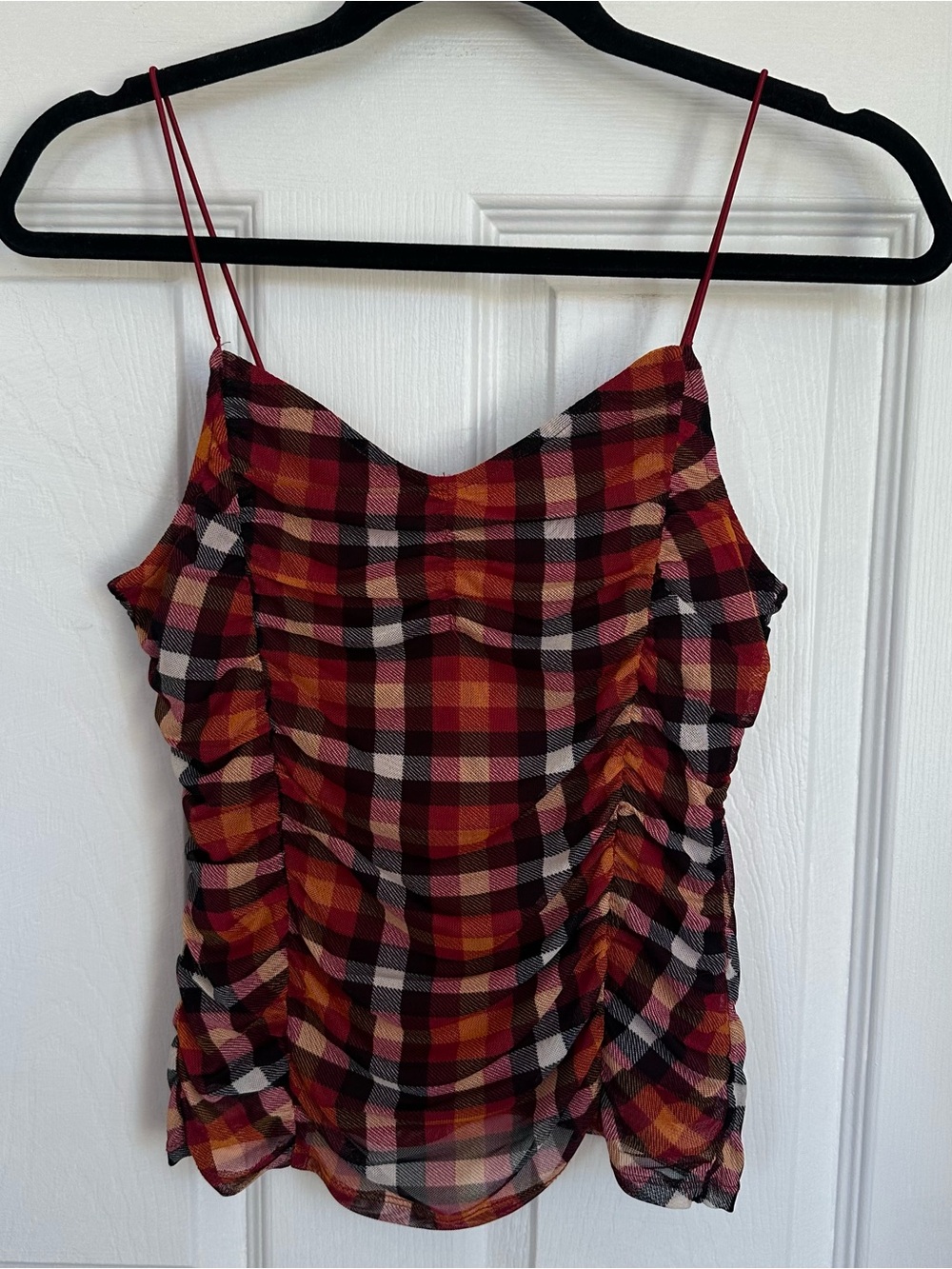 Crave Fame Red Plaid Ruched Cami Top